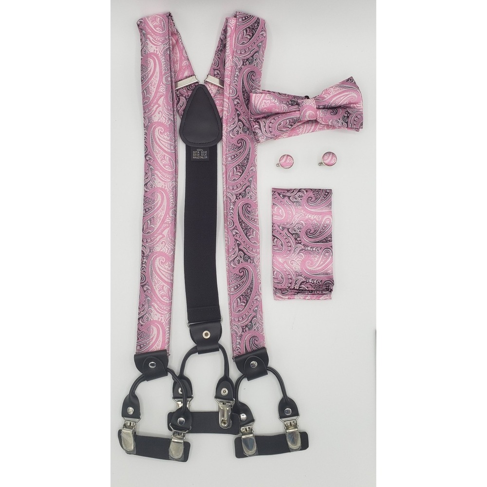 Silk Suspender Set Mens Pink Paisley Pre-tied Bow Tie Pocket Square Cufflinks - Picture 3 of 8